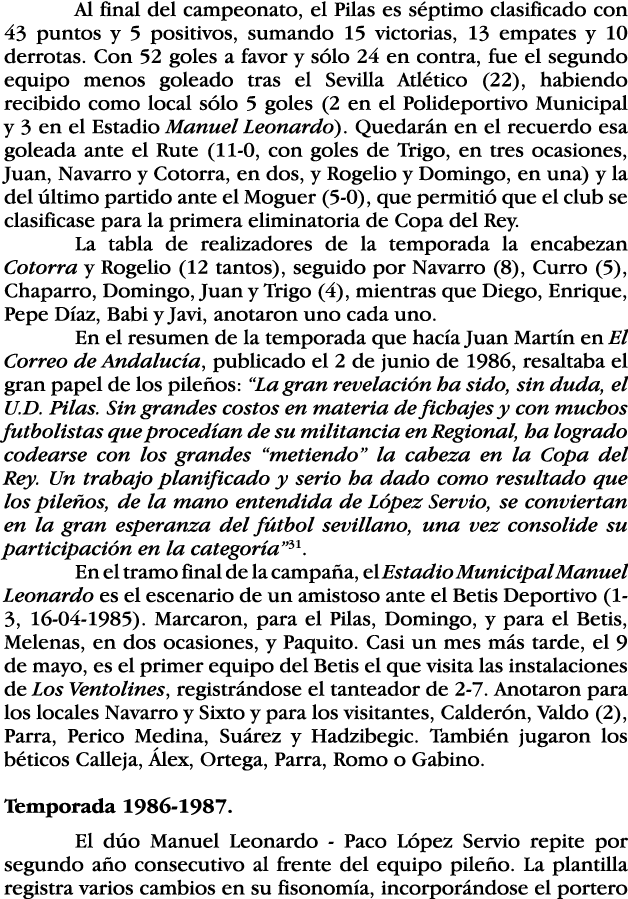 Al final del campeonato, el Pilas es séptimo clasificado con 43 puntos y 5 positivos, sumando 15 victorias, 13 empate   