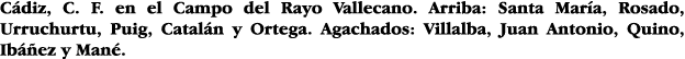 Cádiz, C  F  en el Campo del Rayo Vallecano  Arriba: Santa María, Rosado, Urruchurtu, Puig, Catalán y Ortega  Agachad   