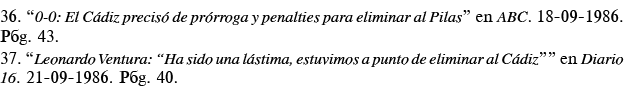 36   0-0: El Cádiz precisó de prórroga y penalties para eliminar al Pilas  en ABC  18-09-1986  Pág  43  37   Leonardo   
